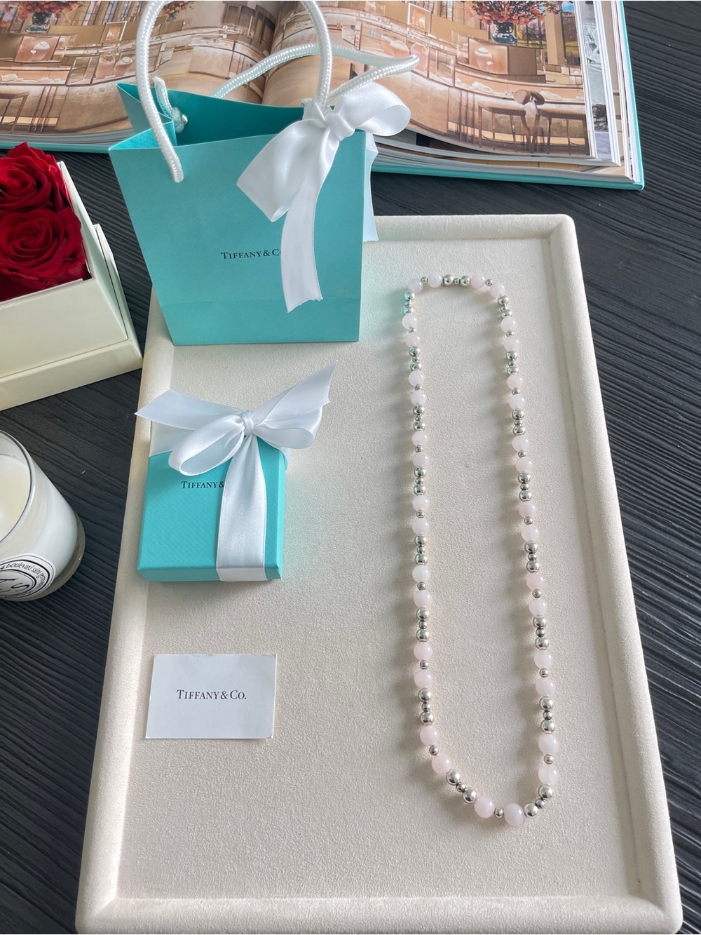 Tiffany & Co. Pink Quartz Sterling Silver Bead Necklace 30” Vintage